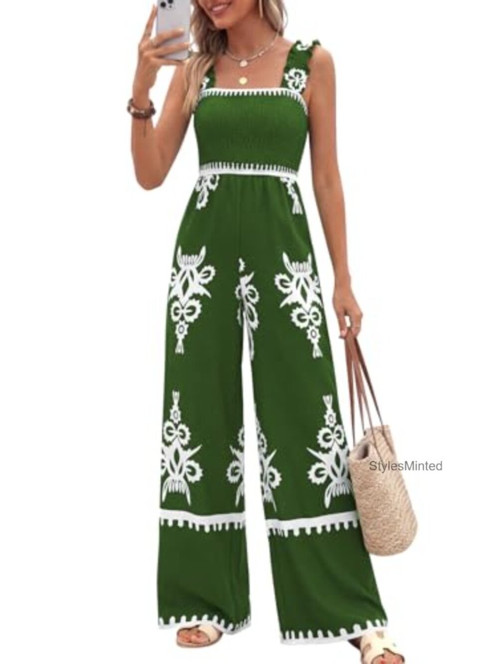 Sleeveless Smocked Wide Leg Jumpsuit with Pockets Summer Boho One Piece